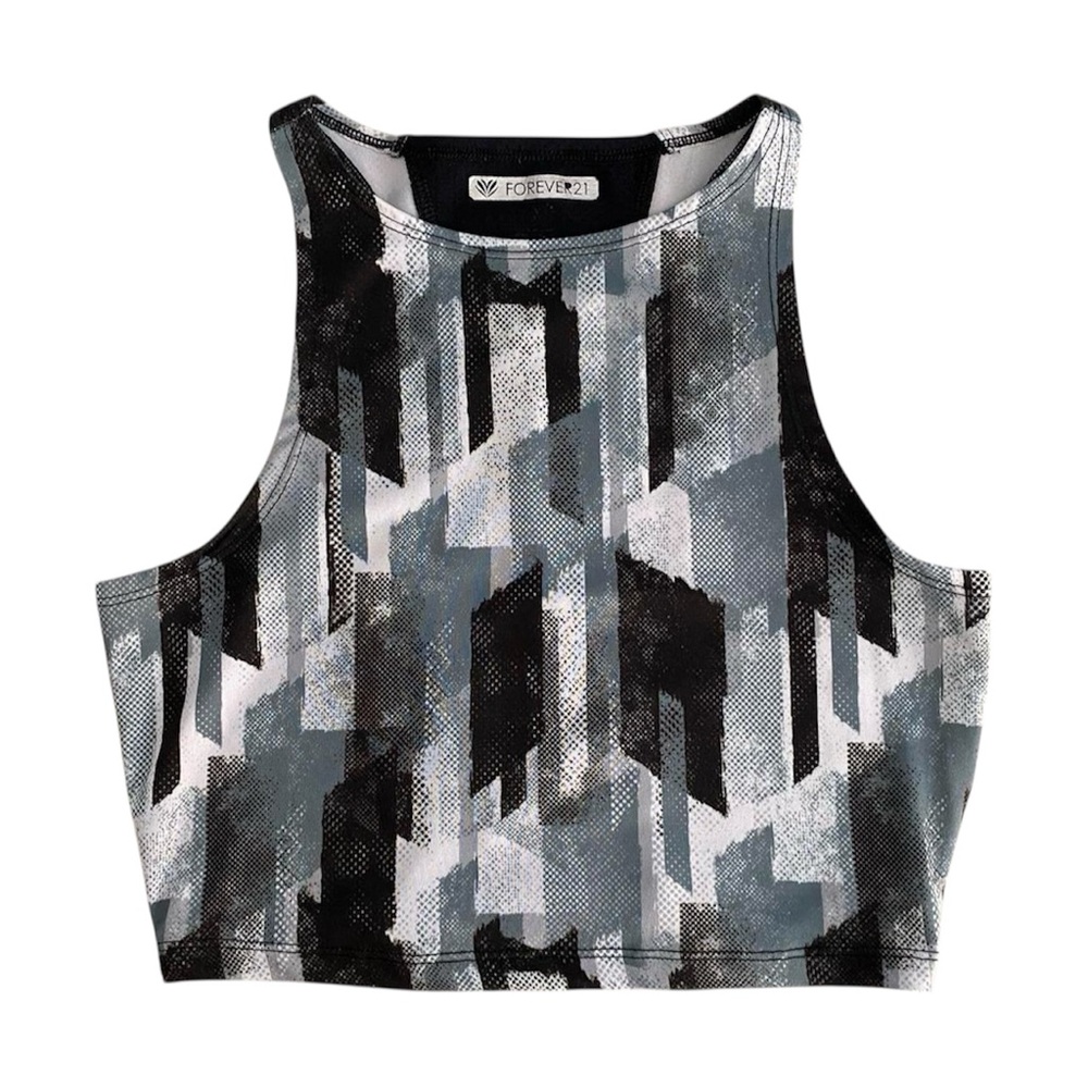 Forever 21 Activewear Black Gray White Print Sleeveless Tank Cropped Top Size S